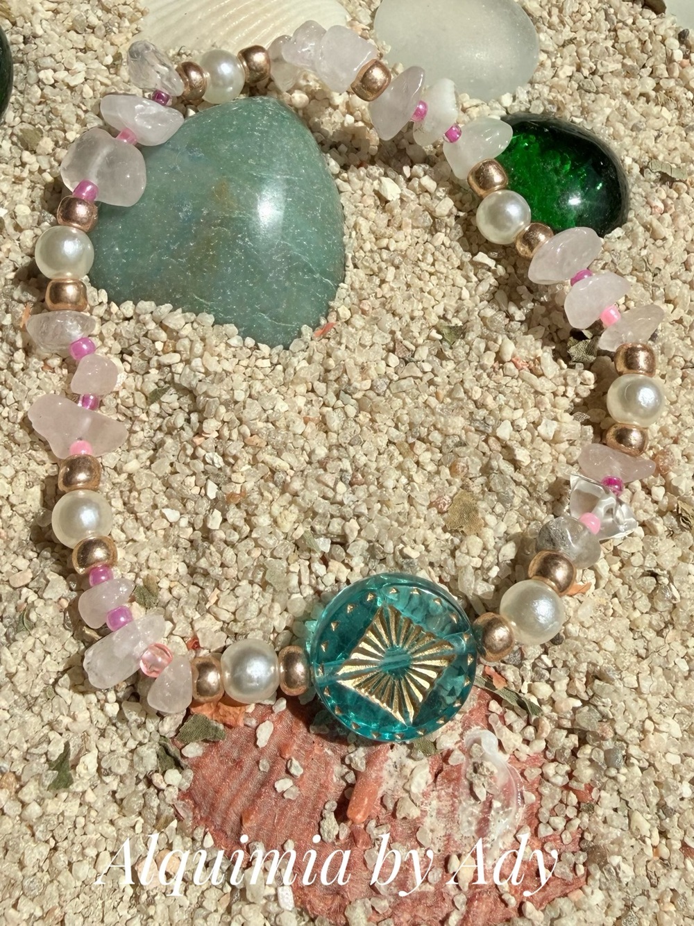 Alquimia Teal Focal Glass & Pale Pink Rose Quartz Beaded Bracelet